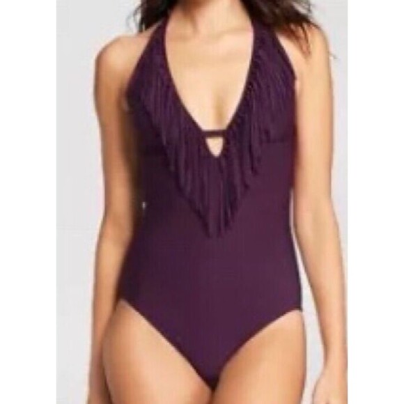 Mossimo Fringe Halter Swimsuit V-Neck Lightly Padded Cups, Chocolate Cherry, Med - Picture 1 of 9